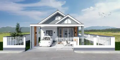 Charming modern house with carport and scenic mountain backdrop, perfect for serene living.