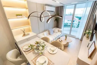 Luxurious modern living room with elegant decor and stunning balcony view