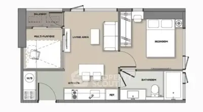Modern apartment floor plan with balcony, bedroom, kitchen, and living area.