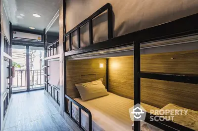 Efficiently designed modern hostel room with sturdy bunk beds, ample lighting, and a welcoming atmosphere, perfect for budget travelers.