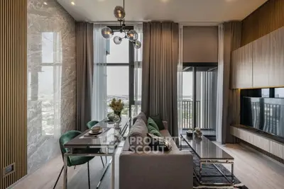 Luxurious modern living room with elegant decor and stunning city view