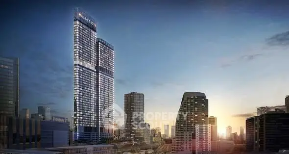 Stunning cityscape view of modern high-rise buildings at sunset.