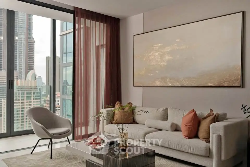 Luxurious modern living room with stunning city view and elegant decor