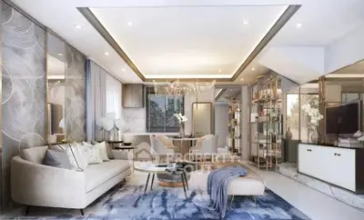 Luxurious modern living room with elegant decor and open layout, featuring plush seating and stylish lighting.