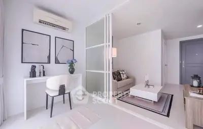 Modern living room with stylish decor and air conditioning in a bright apartment.