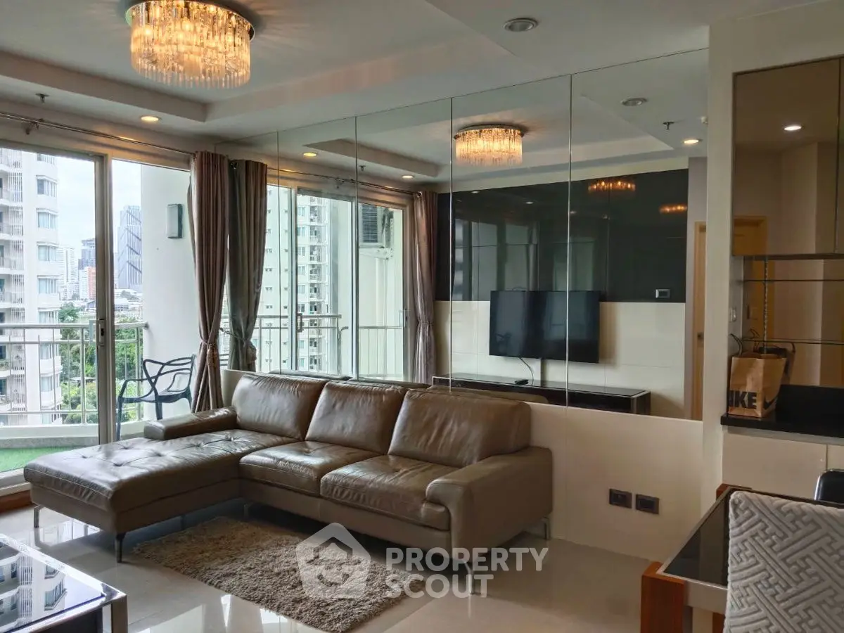 Luxurious living room with leather sofa and city view balcony in modern apartment
