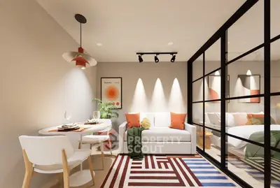 Stylish modern living room with glass partition, cozy seating, and vibrant decor accents.