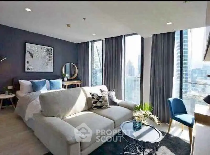 Luxurious modern living room with stunning city view and elegant decor