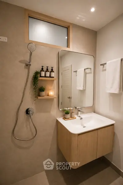 Modern bathroom with sleek fixtures and elegant design, featuring a stylish shower and vanity.