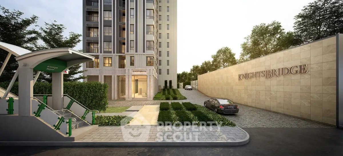 Luxurious Knightsbridge building entrance with lush landscaping and modern architecture.