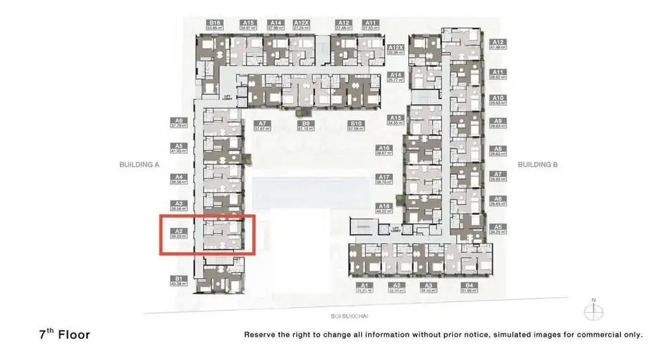 7th floor plan of a modern residential building with detailed unit layout.
