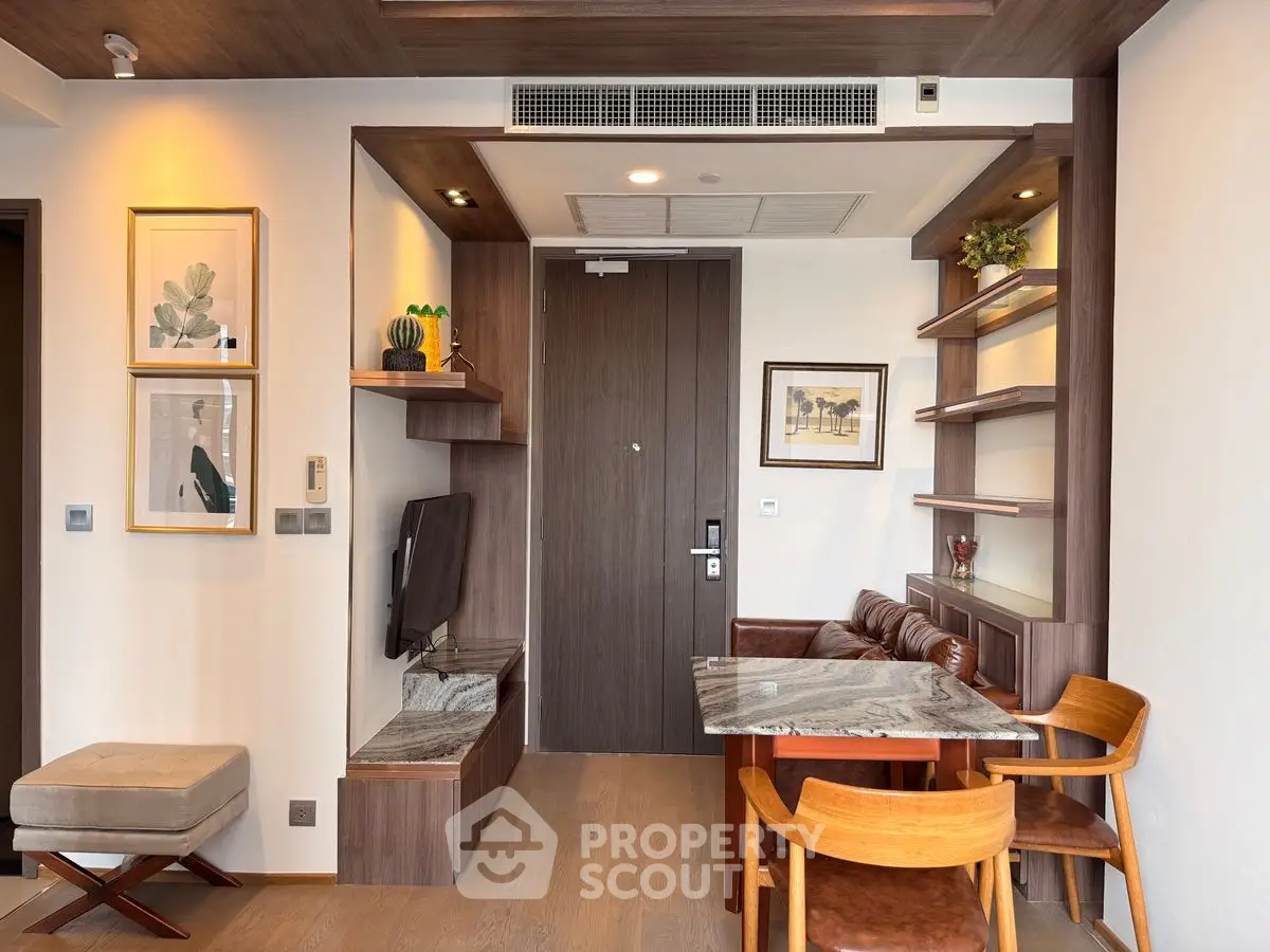 Stylish modern living room with wooden accents and cozy dining area