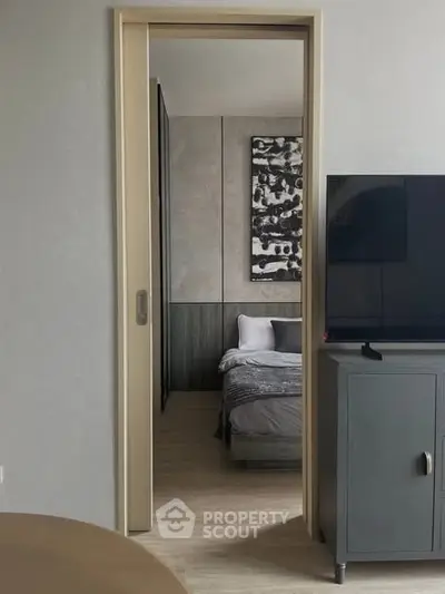 Modern bedroom view with stylish decor and sleek furniture