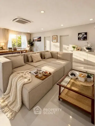 Luxurious living room with elegant decor and natural light, featuring a spacious beige sectional sofa and stylish coffee table.