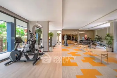 Spacious modern gym with state-of-the-art equipment and vibrant decor in luxury real estate.