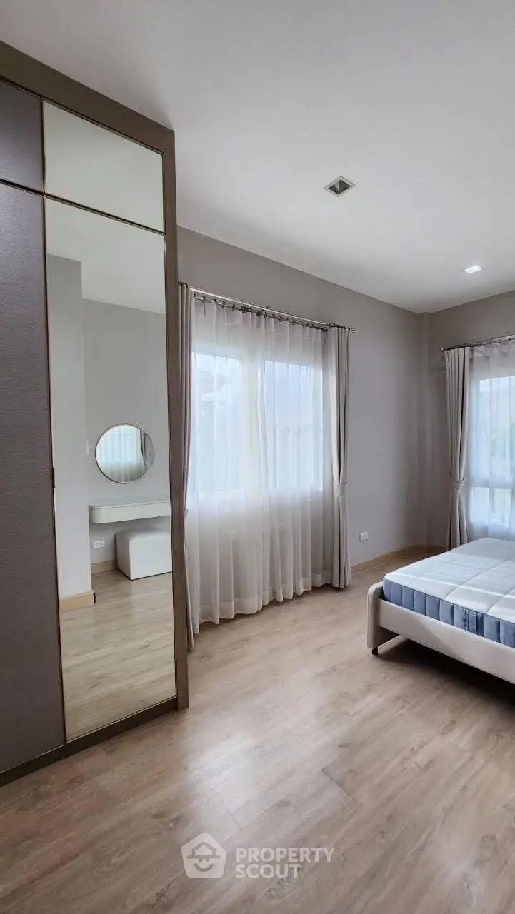 Spacious bedroom with large windows and modern decor