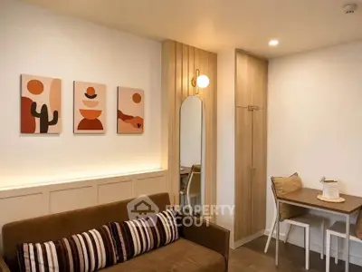 Modern living room with stylish decor and cozy seating area