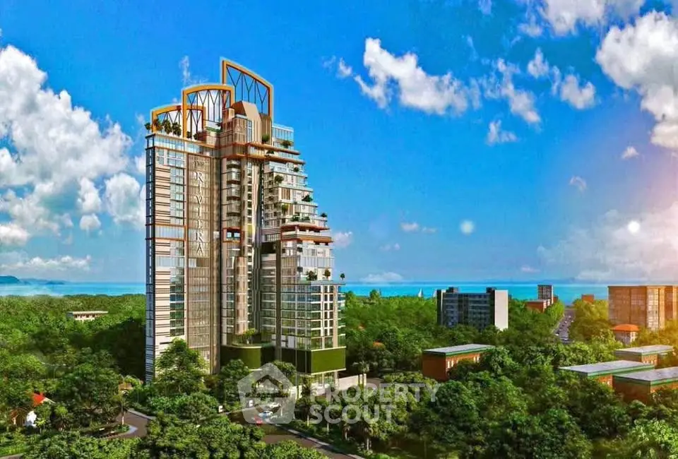 Stunning modern high-rise building with lush greenery and ocean views.