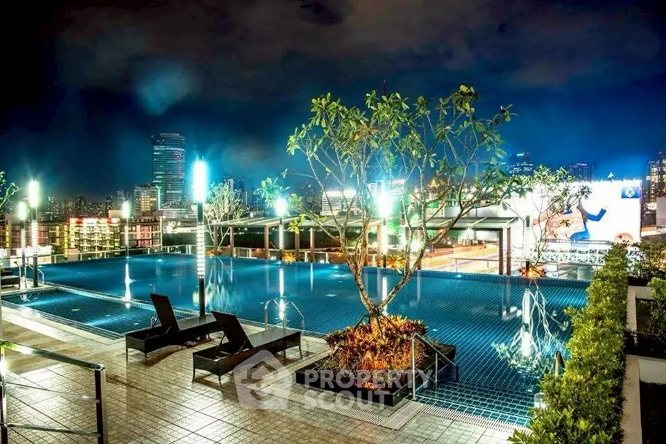 Luxurious rooftop pool with stunning city skyline view at night