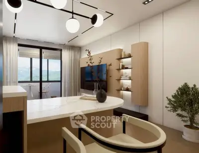 Modern living room with elegant decor and mountain view