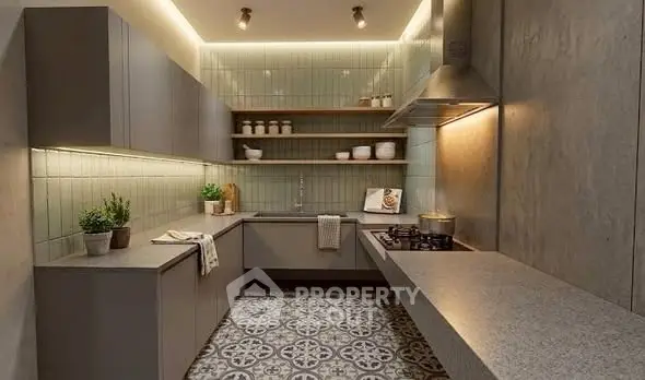 Modern kitchen with sleek cabinetry and stylish tile flooring, featuring under-cabinet lighting and gas stove.
