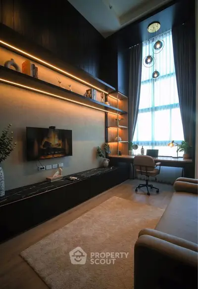 Luxurious high-ceiling living room with modern decor and large window