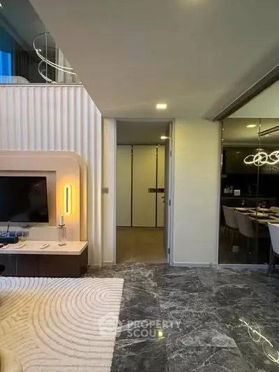Luxurious modern living room with marble flooring and elegant lighting