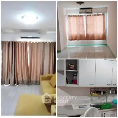 Cozy apartment interior with living room and kitchen, featuring modern furnishings and ample natural light.