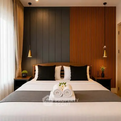 Luxurious bedroom with modern design, featuring elegant lighting and cozy decor for ultimate relaxation.