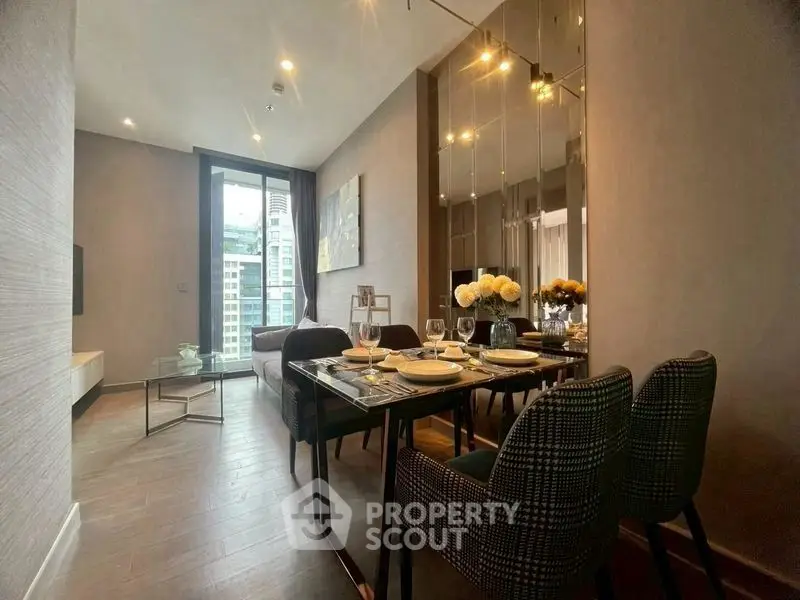 Elegant modern living room with dining area and city view, perfect for urban lifestyle.