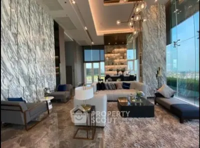 Luxurious modern living room with marble walls and panoramic city view.