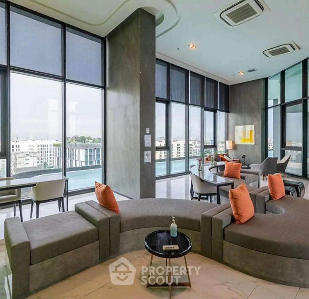 Luxurious modern living room with panoramic city views and stylish furniture