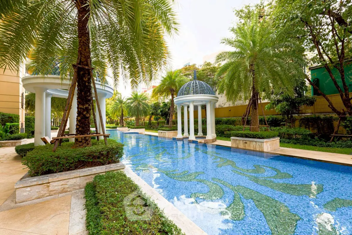 Luxurious residential pool with elegant landscaping and palm trees