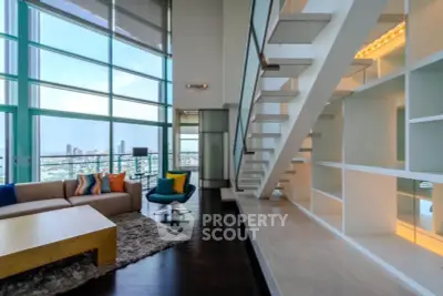 Luxurious modern living room with floor-to-ceiling windows and city view