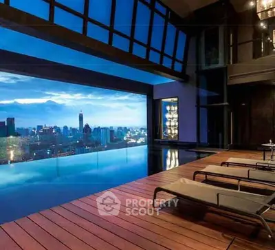 Luxurious rooftop pool with stunning city skyline view at dusk.