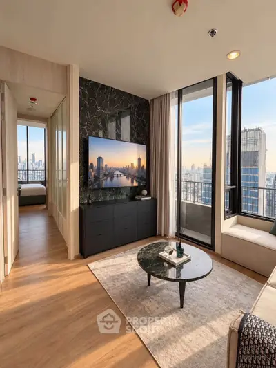 Luxurious modern living room with stunning city view and elegant decor