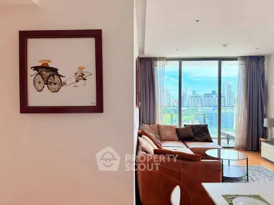 Modern living room with city view and stylish decor