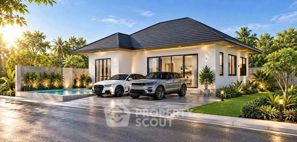 Luxurious modern house with sleek design, pool, and two cars in driveway, surrounded by lush greenery.