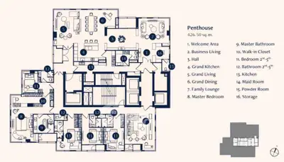 Luxurious penthouse floor plan with spacious living areas and modern amenities.