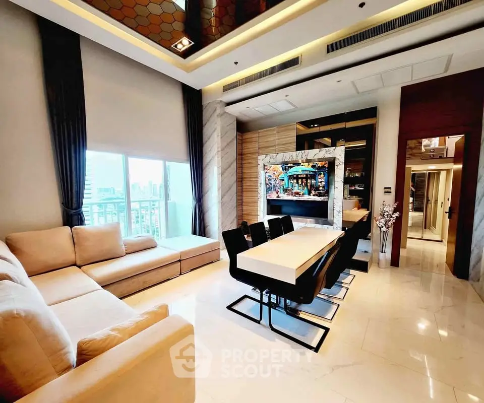 Luxurious modern living room with elegant dining area and city view