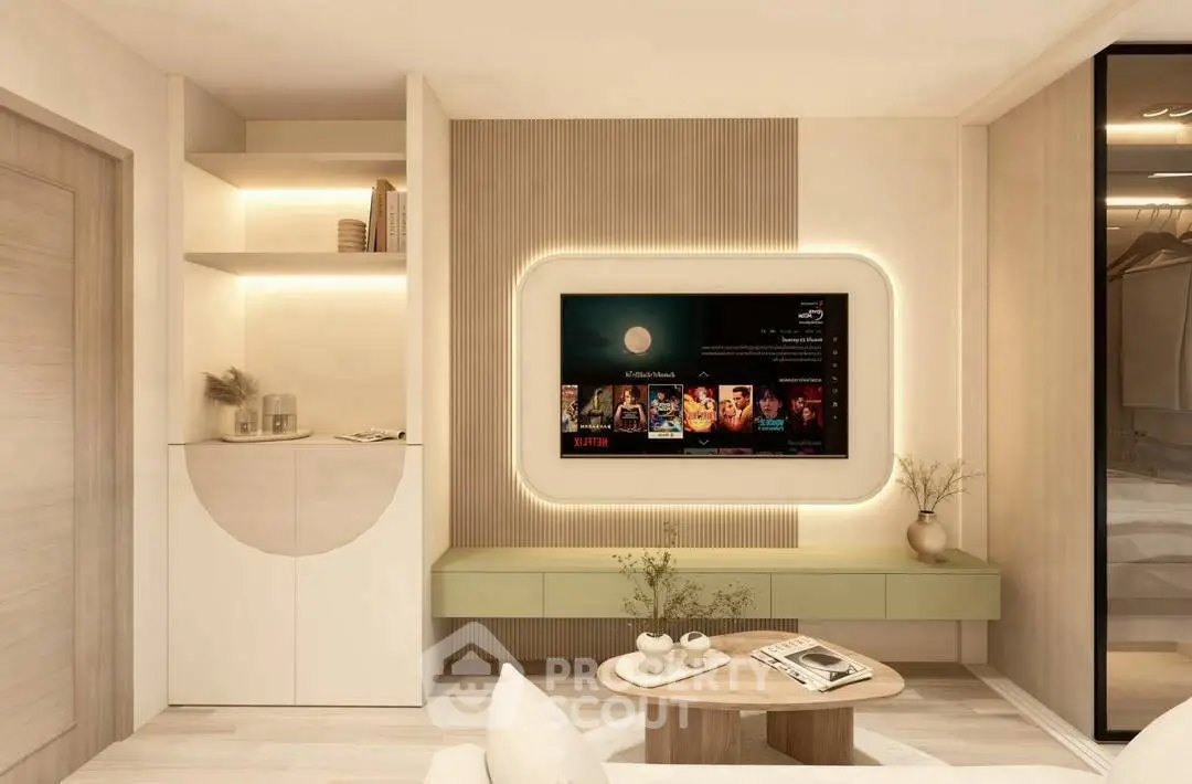 Modern living room with stylish TV setup and elegant decor