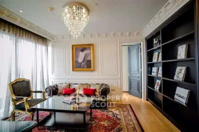 Luxurious living room with elegant chandelier and classic decor