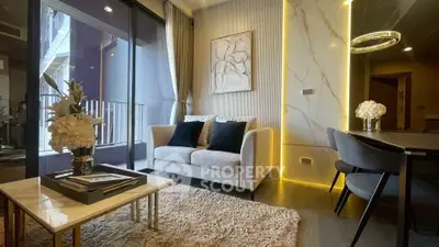Luxurious modern living room with elegant decor and ambient lighting