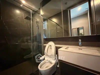 Luxurious modern bathroom with sleek black tiles and elegant fixtures