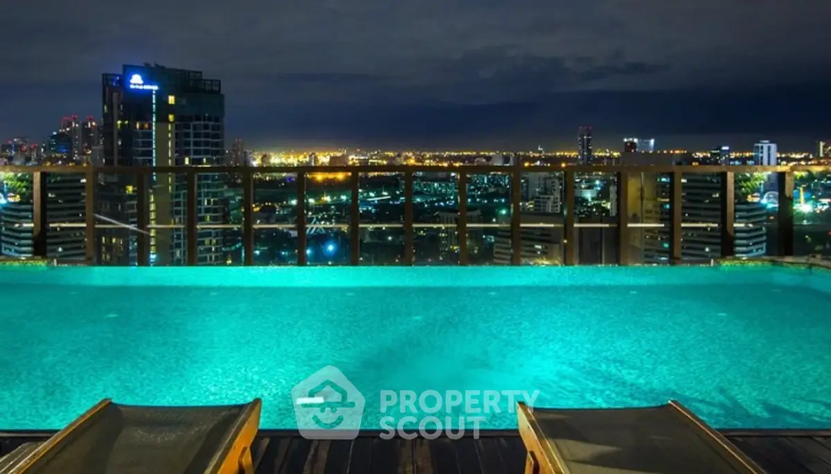 Luxurious rooftop pool with stunning city skyline view at night