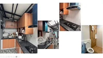 Modern kitchen with gas stove and sleek cabinetry, plus a compact bathroom.