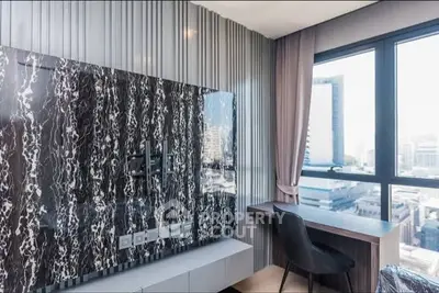 Modern study area with marble accent wall and city view