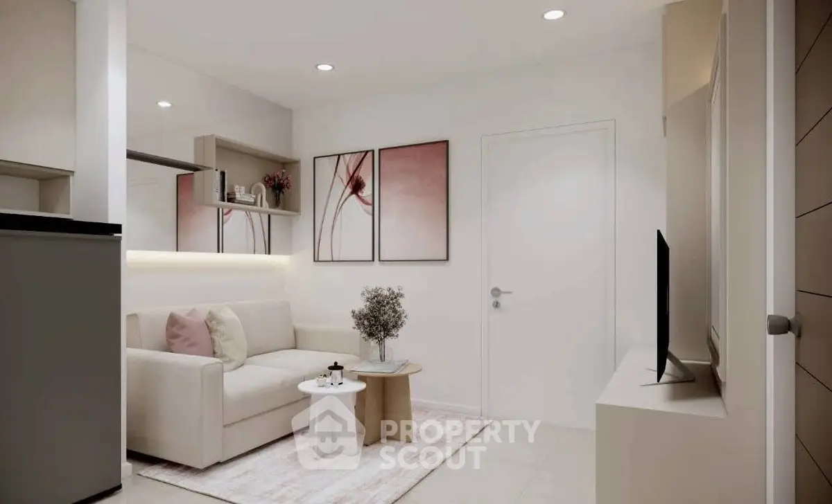 Chic modern living room with cozy sofa and stylish decor in a compact apartment.