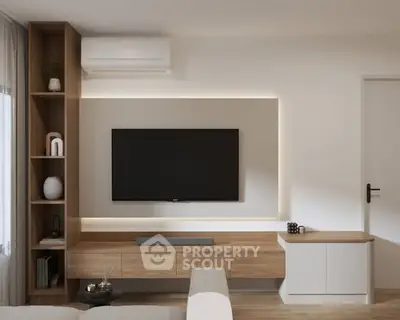 Modern living room with sleek wooden TV unit and ambient lighting