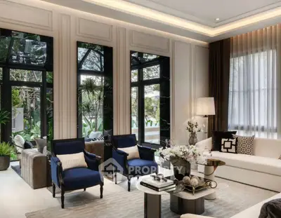 Luxurious living room with elegant decor and large windows offering garden views.